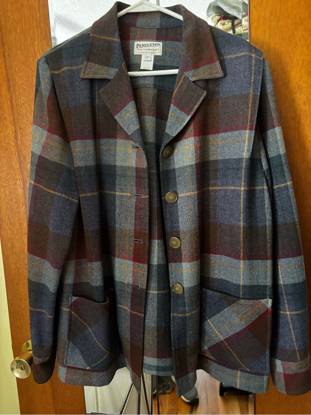Pendleton Plaid Wool Blazer Jacket - Blue lt Blue Gray Burgundy